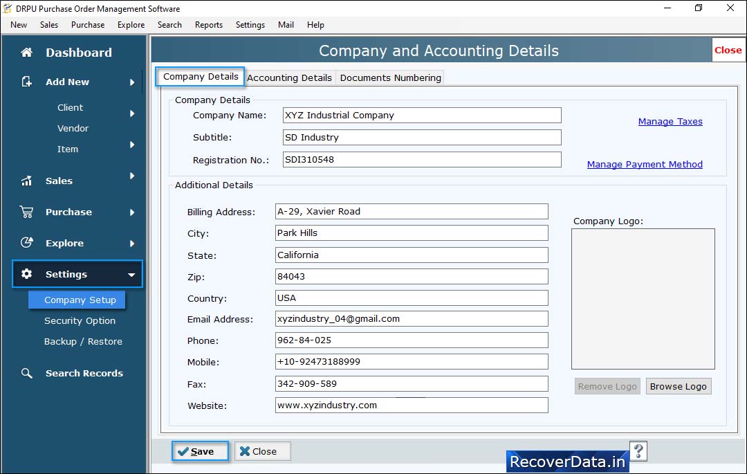 Enter Company details