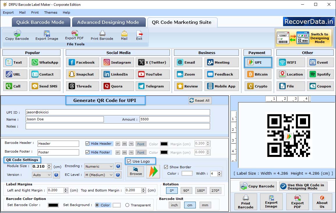 Select QR Code Marketing Suite mode